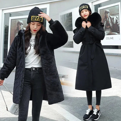 2025 New Winter Jacket Women's Parkas Thick Warm Fur Lining Long Parka Female Hooded Fleece Padded Coat Distachable Outwear 5XL