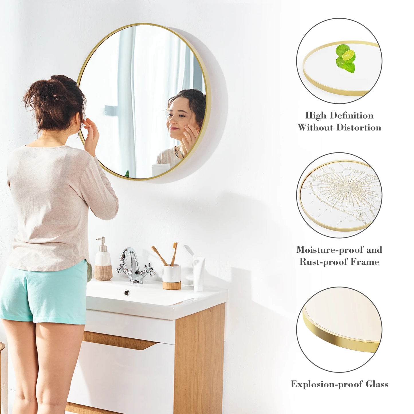 Large Gold Round Vanity Framed Mirror for Wall Matte Metal Framed 30 Inch Modern Mirror Tempered Glass Bedroom Living Room