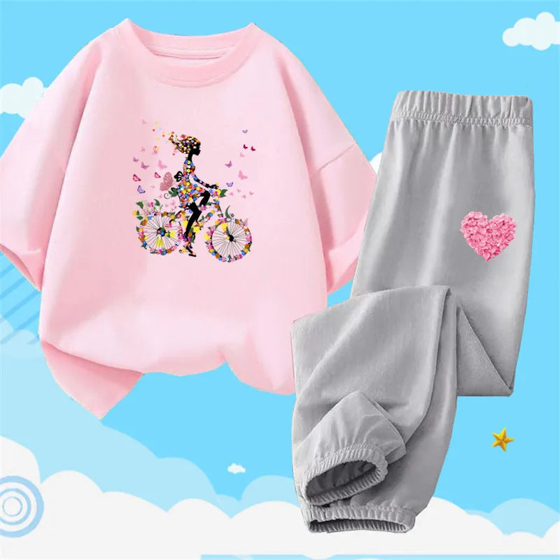 Teens Girls' 2-Piece Fashion Outfit: Princess Short Sleeve T-Shirt and Long Pants Tracksuit Set