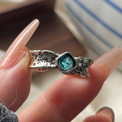 925 Sterling Silver Rings For Women Geometric Fine Jewelry Adjustable Simple Wide Black Stone Retro Ring For Party Birthday Gift