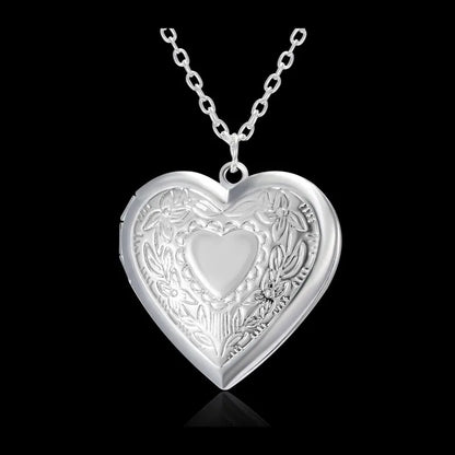 Factory Direct Sales Engraved Love Peach Heart Can Be Opened Photo Frame Photo Box Photo Pendant Necklace Women's Silver Plated