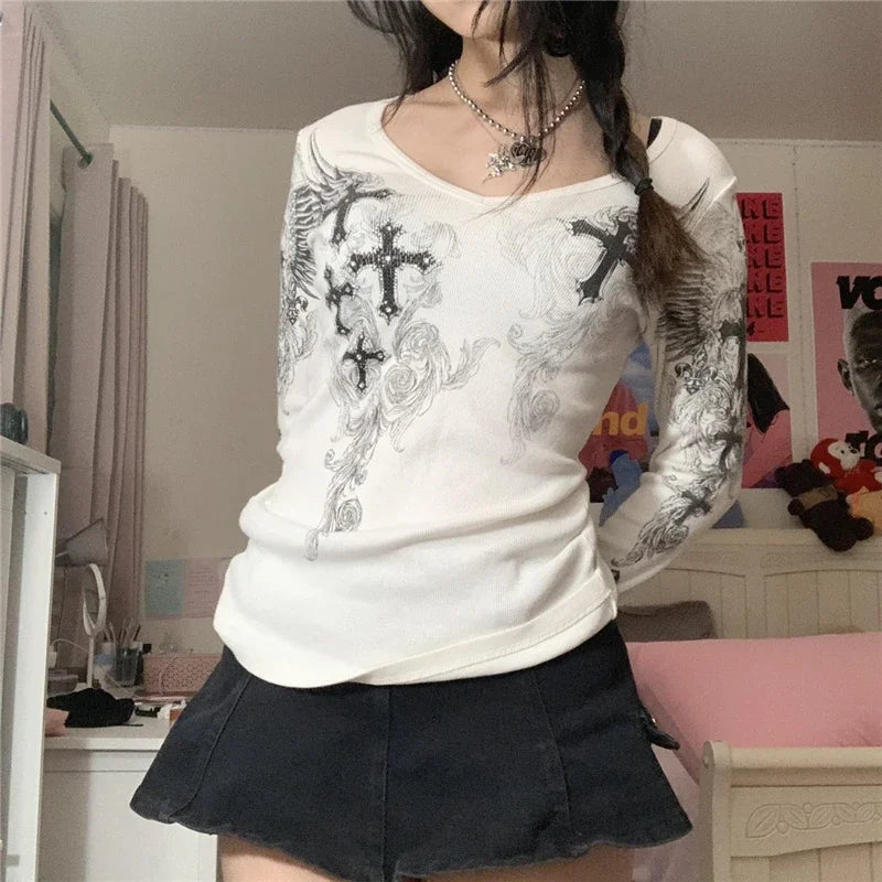 Graphic Long‑Sleeve Tee – Women’s Grunge Fairy Punk Harajuku 2000s Streetwear Top