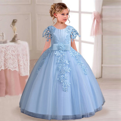Girl's Elegant Wedding Embroidered Mesh Princess Graduation Party Prom Evening Dress 4–12-Year-Old