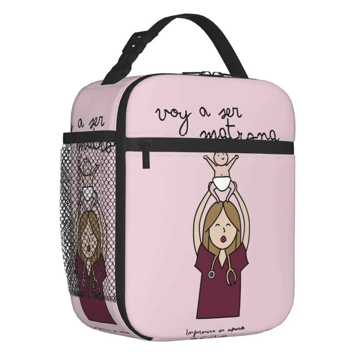 Custom cartoon-printed lunch bag featuring ladies, nurses, and doctors. Thermal insulated, reusable, and multifunctional, perfect for kids' food bento boxes.