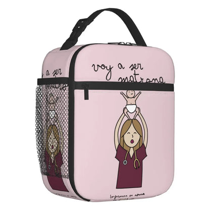 Custom cartoon-printed lunch bag featuring ladies, nurses, and doctors. Thermal insulated, reusable, and multifunctional, perfect for kids' food bento boxes.