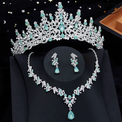 Luxury Silver Color Opal Water Drop Crown Bridal Rhinestone Tiaras and Necklace Earrings Jewelry Set