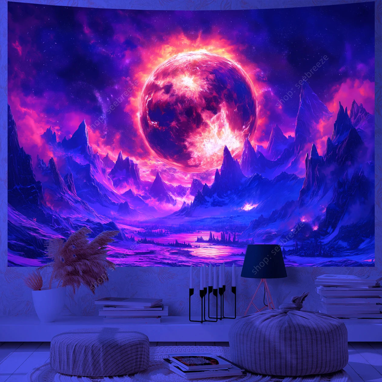 Galaxy Space Landscape UV Reactive Tapestry Trippy Planet Mountain River Neon Art Wall Tapestries for Bedroom Dorm Party Decor