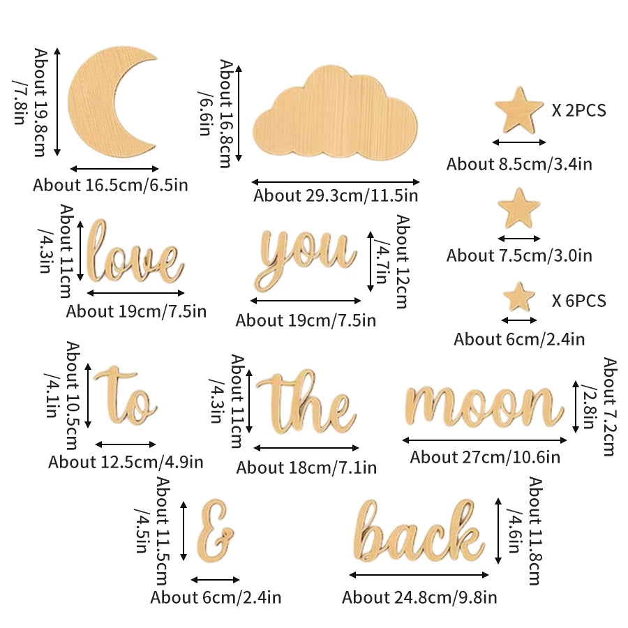 18-Piece Wooden Wall Stickers with the Phrase "Love You to the Moon," Children's Room Star and Moon Cloud Decoration Set, Nordic Style Wooden Star and Moon Letter Wall Decor, Cozy Love Message Soft Decoration for Baby Room, B