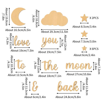18-Piece Wooden Wall Stickers with the Phrase "Love You to the Moon," Children's Room Star and Moon Cloud Decoration Set, Nordic Style Wooden Star and Moon Letter Wall Decor, Cozy Love Message Soft Decoration for Baby Room, B
