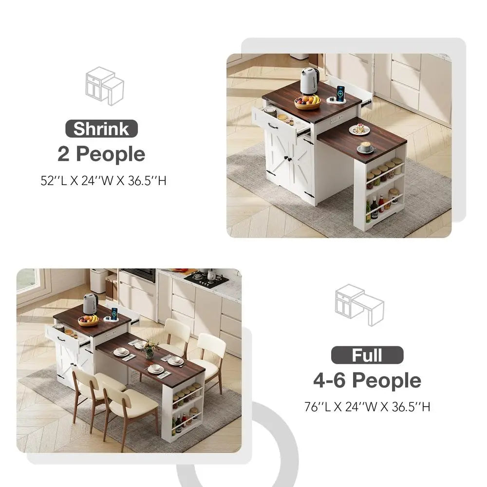Extendable 76” Kitchen Island Cart — Power Outlet, Spice Rack, 2 Stoppers