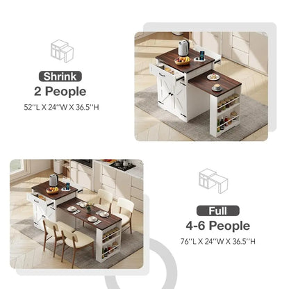 Extendable 76” Kitchen Island Cart — Power Outlet, Spice Rack, 2 Stoppers