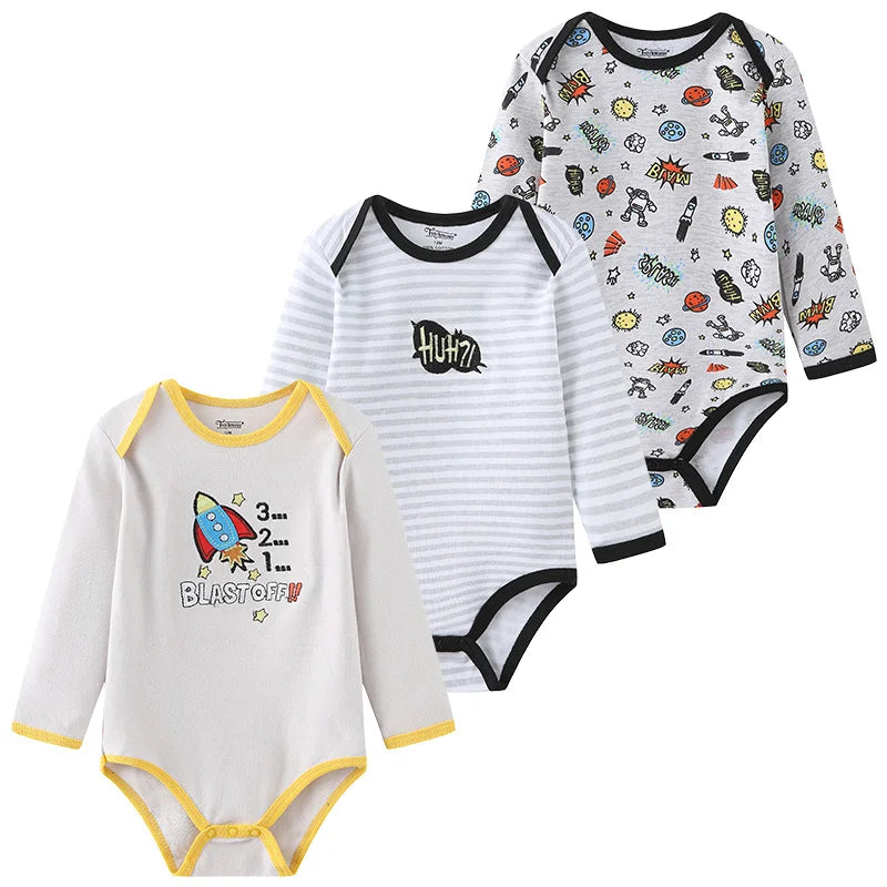 Kiddiezoom 3 Pcs Newborn Cartoon Long Sleeve 100%cotton Baby Boy Girl Bodysuit Soft Infant Onesies Clothes