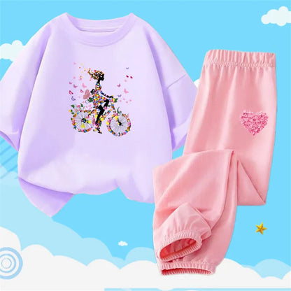 Teens Girls' 2-Piece Fashion Outfit: Princess Short Sleeve T-Shirt and Long Pants Tracksuit Set