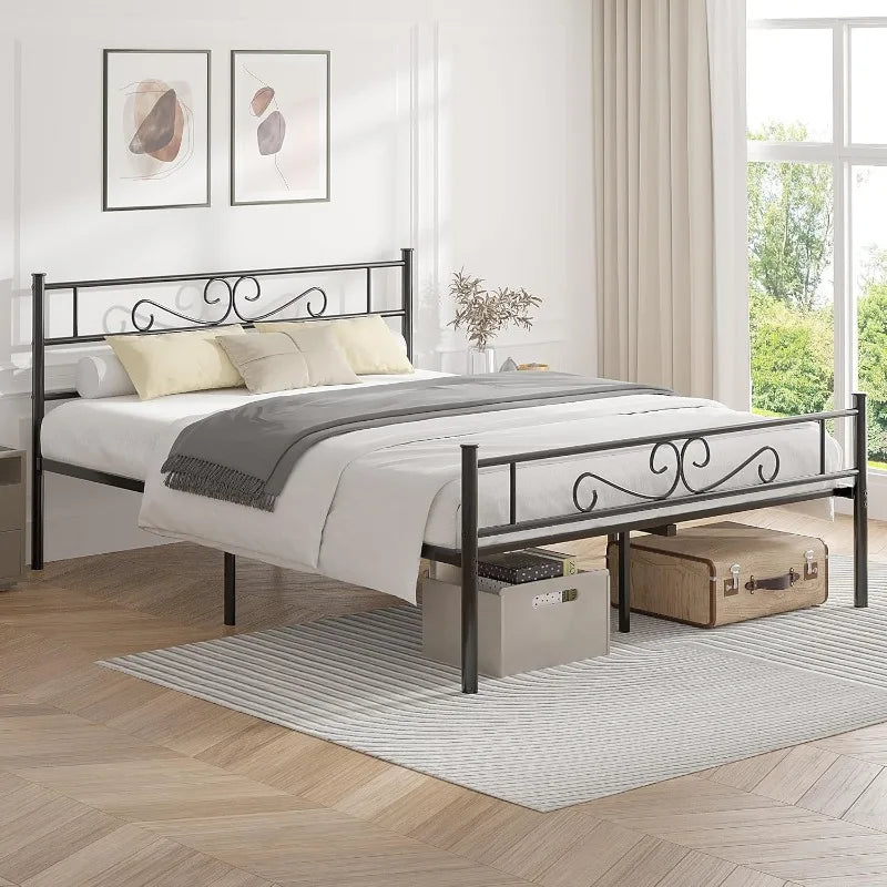 Queen Metal Platform Bed Frame with Headboard & Footboard, Steel Slats Mattress Foundation, No Box Spring Needed,Black