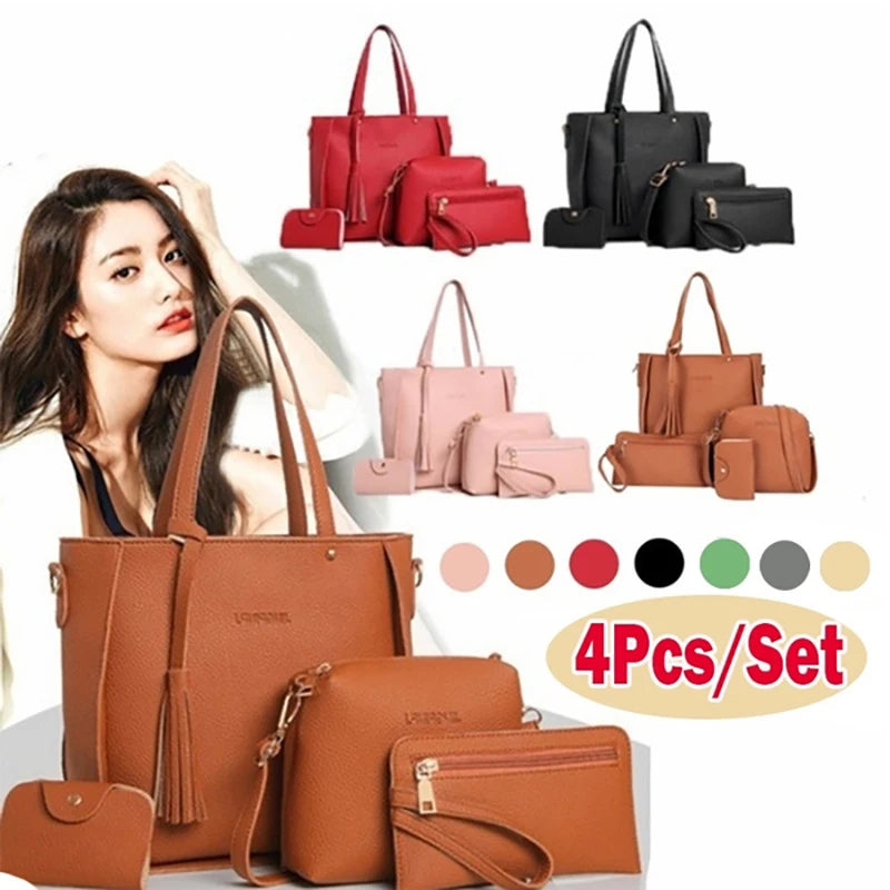 4pcs/set Ladies Leather Bag Set Polyester Shoulder Bag Handbag Messenger Bag Set 9 Colors