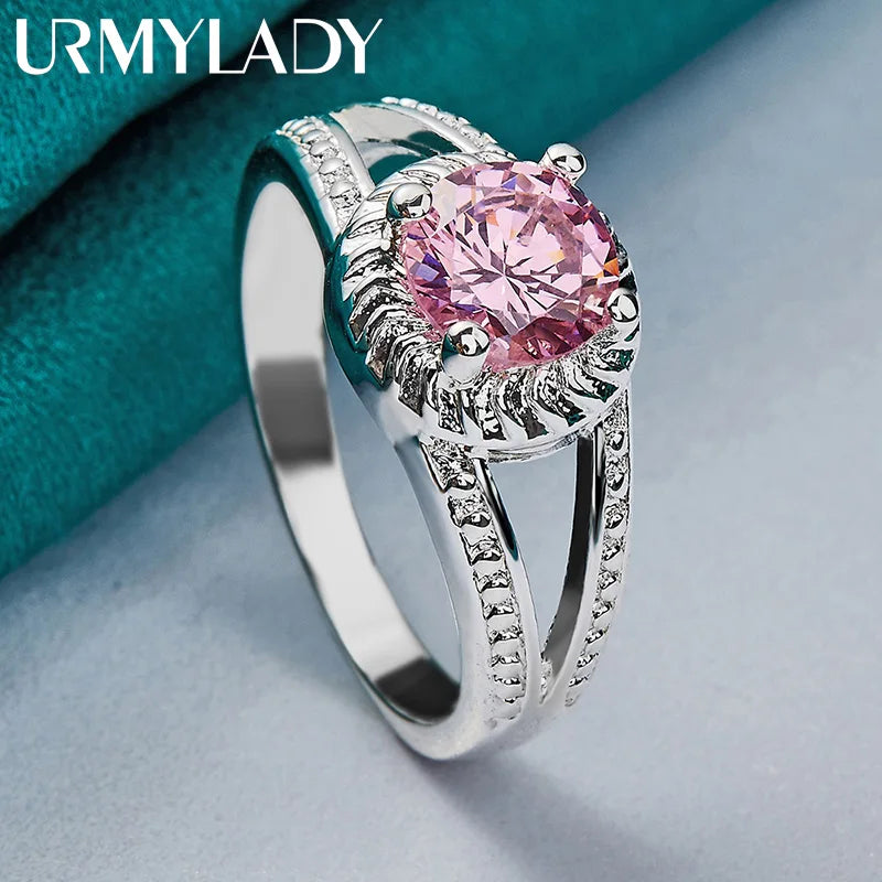 925 Sterling Silver Charm Pink Zircon 7-10 # Ring