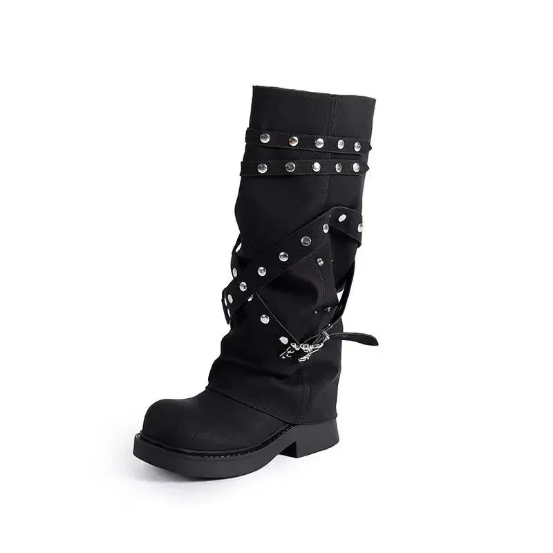 Women's Western Cowgirl Boots, Fashionable Autumn Knee-High Style, Punk-Inspired PU Leather with Studded Details, Long Black Botas Perfect for Women Seeking a Bold Look.