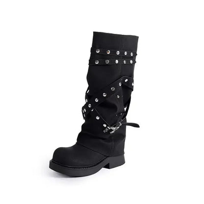 Women's Western Cowgirl Boots, Fashionable Autumn Knee-High Style, Punk-Inspired PU Leather with Studded Details, Long Black Botas Perfect for Women Seeking a Bold Look.