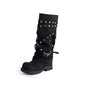 Women's Western Cowgirl Boots, Fashionable Autumn Knee-High Style, Punk-Inspired PU Leather with Studded Details, Long Black Botas Perfect for Women Seeking a Bold Look.
