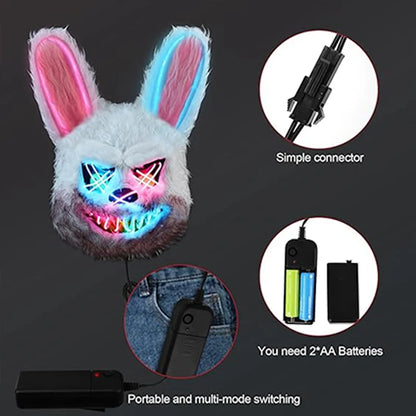 LED Glowing Cosplay Bloody Rabbit Mask Halloween Scary Killer Bloody Bunny Bear Headgear Carnival Masquerade Horror Costume Prop