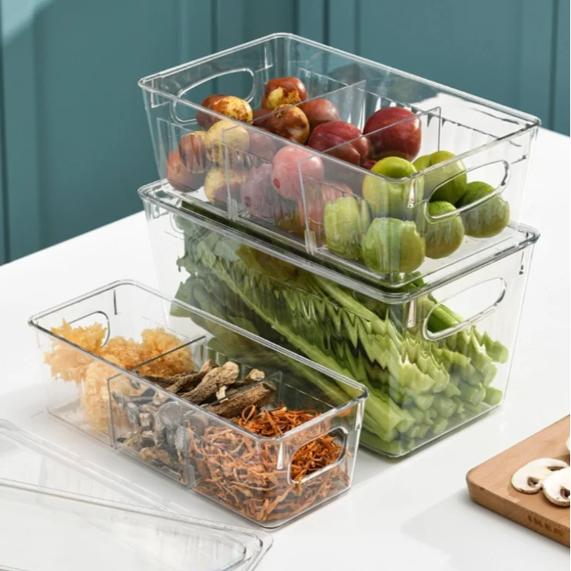 Single Transparent Refrigerator Organizer Bin - Clear Plastic Food Fridge Container with Divider, Freezer or Pantry Storage Box