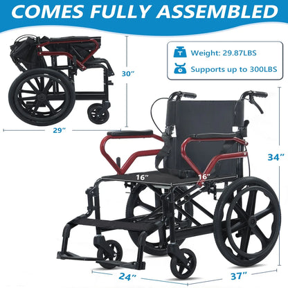 18“Large wheels Wheelchair with Hand Brake Lightweight Foldable Wheelchair for Elderly, Durable Home & Outdoor Patient
