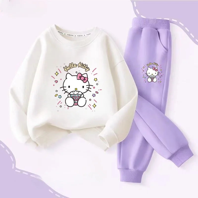 Autumn Baby Girl Clothes Set Children Sanrio Hello Kitty Cartoon Print Sweatshirt and Pants 2 Pieces Suit Kid Long Sleeved Suit