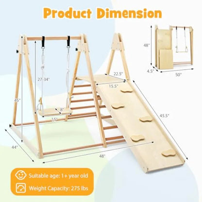 5‑in‑1 Indoor Wooden Jungle Gym – Foldable Climber Playset with Swing, Slide, Ramp & Ladder