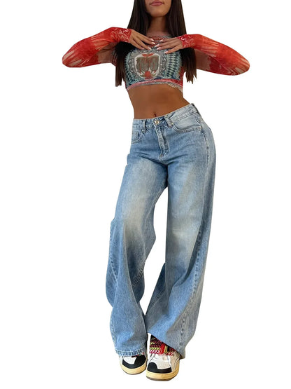 Baggy Jeans High Waist Flare Denim Straight Loose Long Slim Fit