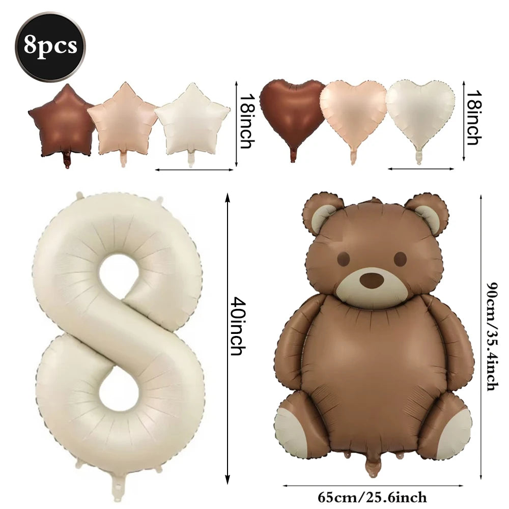 Cute Teddy Bear Party Birthday Number Balloons Large Retro Brown Bear Foil Balloon Set 8 pcs Baby Shower Birthday Party Decor
