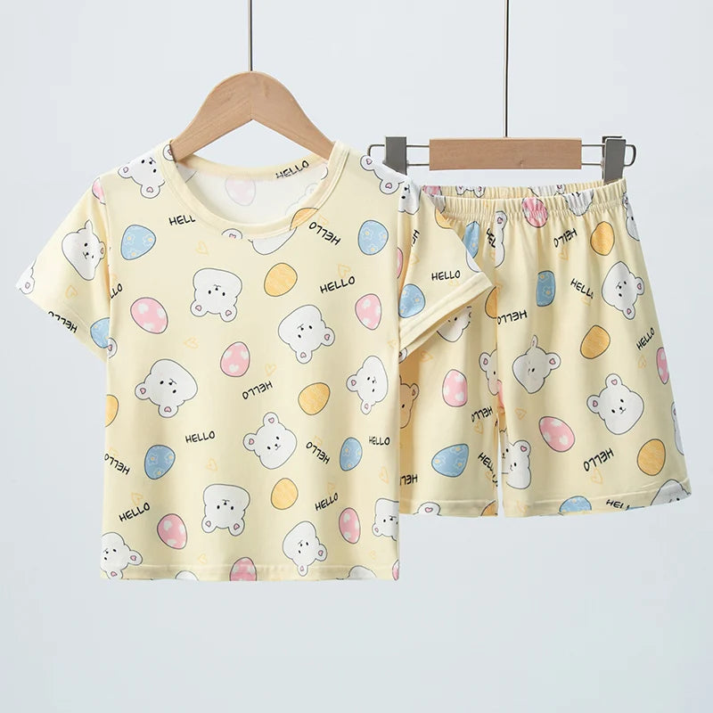2 Pcs Children's Fun Printing Multicolor  Short Sleeve Shirt & Shorts Set
