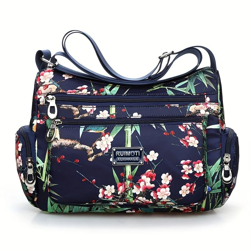 Floral Print Crossbody Bag, Trendy Nylon Shoulder Bag, Women's Multi Layer Messenger Bag For Travel