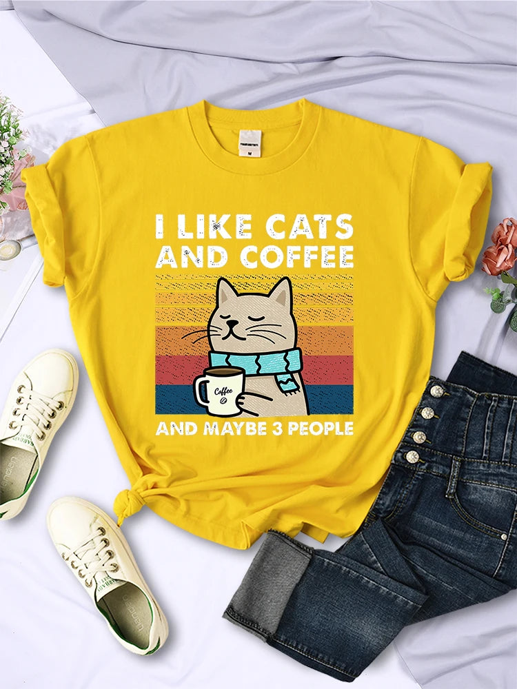 Women's I Like Cats And Coffee Printed T Shirt   Casual Short Sleeve Breathable