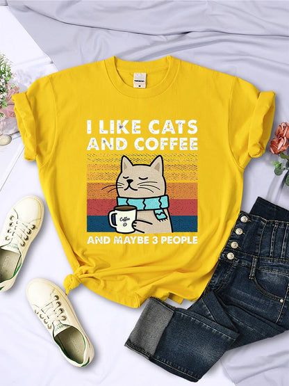 Women's I Like Cats And Coffee Printed T Shirt   Casual Short Sleeve Breathable