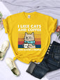 Women's I Like Cats And Coffee Printed T Shirt   Casual Short Sleeve Breathable
