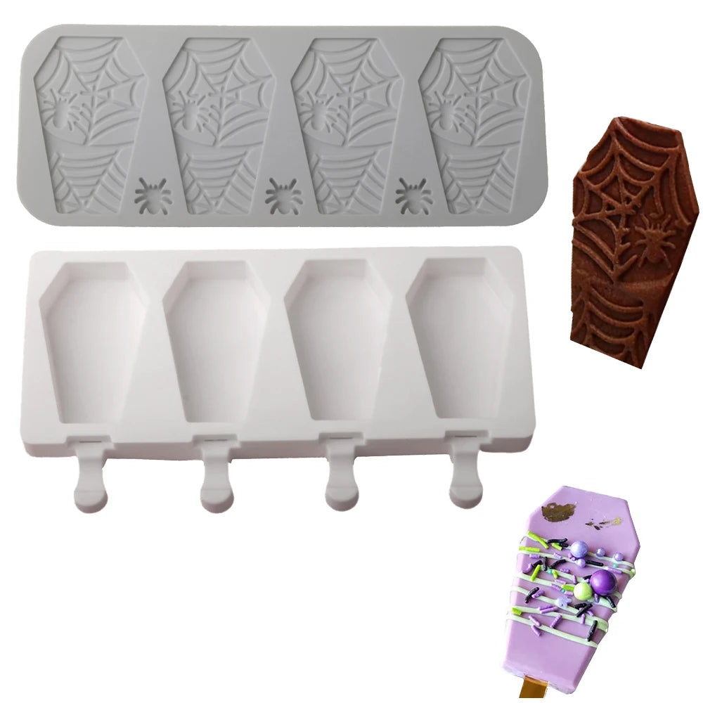 Halloween Silicone Coffin shaped Popsicle Mold Lace Mat Baking Molds for Ice Cream Chocolate and Desserts