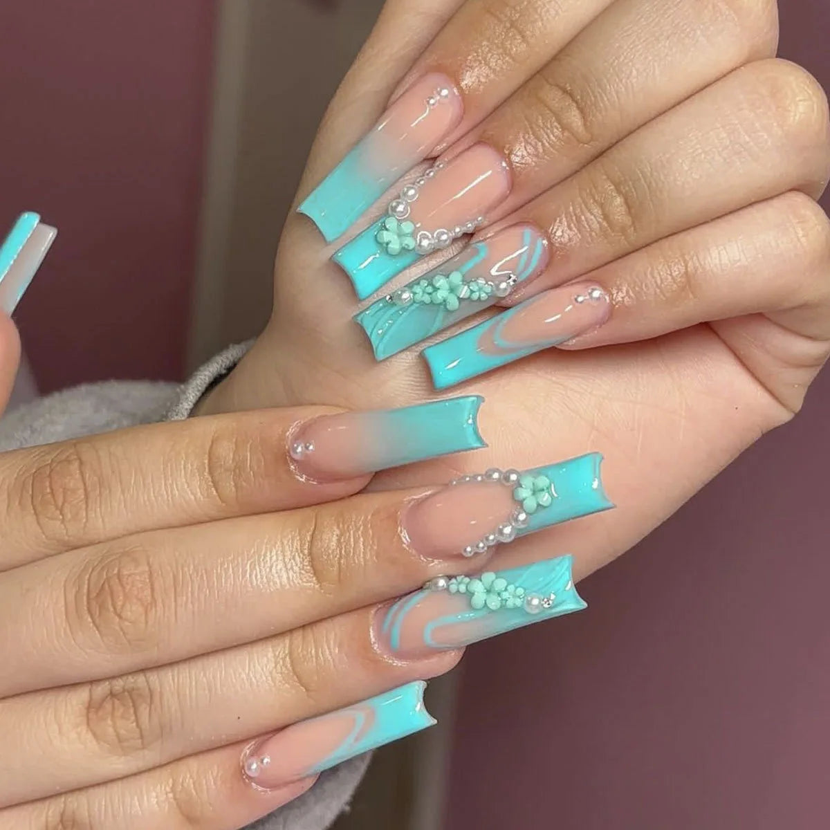 24Pcs Gold French Border False Long Coffin Press on Nails with Rhinestones Ballerina Full Cover