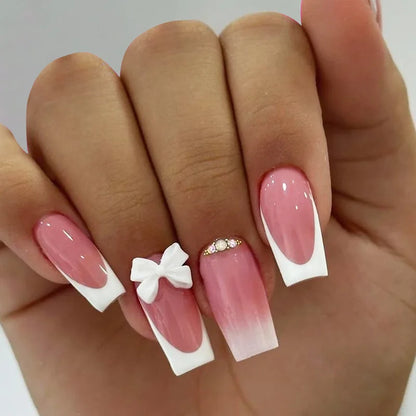 24Pcs French Pink Press on Nails Short Square Head Fake Nails with Flower Rhinestone Design Wearable Finished False Nail Tips