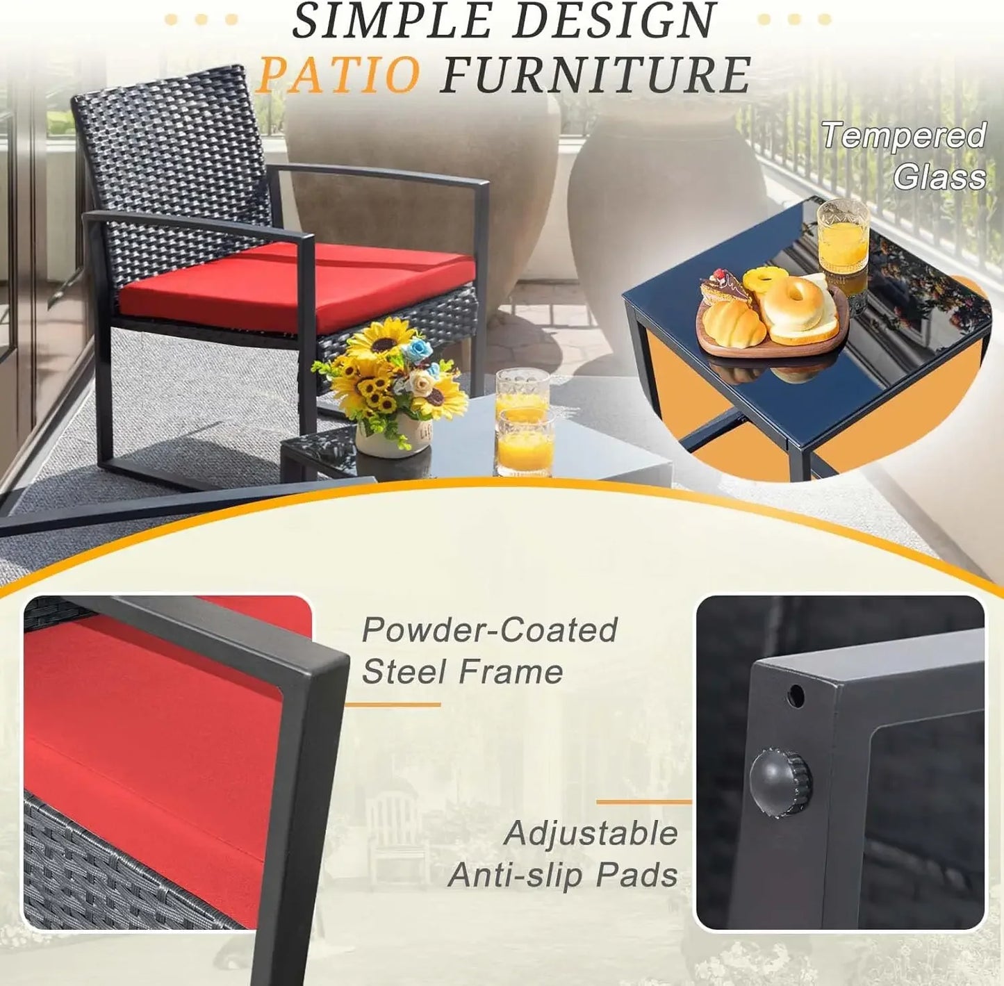 3‑Piece Red Wicker Patio Set – Modern Outdoor Rattan Chairs with Coffee Table