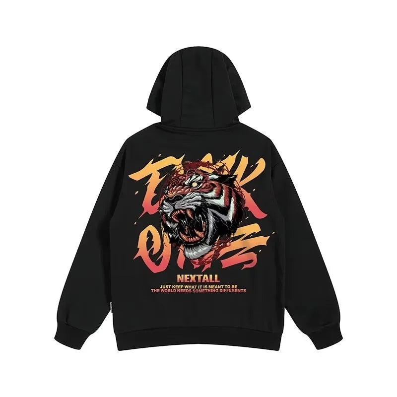 Mens Oversized Hoodie Loose retro fierce tiger Print