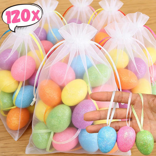 120/12pcs Colorful Foam Easter Eggs with Ropes Multicolors Gold Powder Simulation Eggs for Party Decoration Kids Toy Supplies