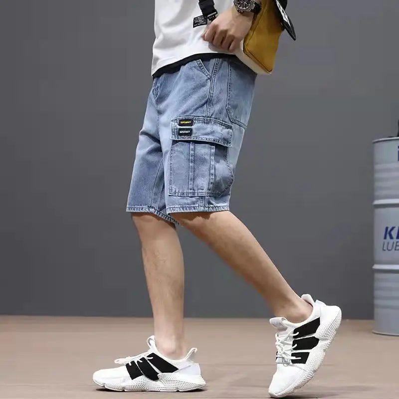 Men's Casual Loose Baggy Cowboy Pants Streetwear Cargo Summer Denim Jeans Straight Knee Length Shorts Male