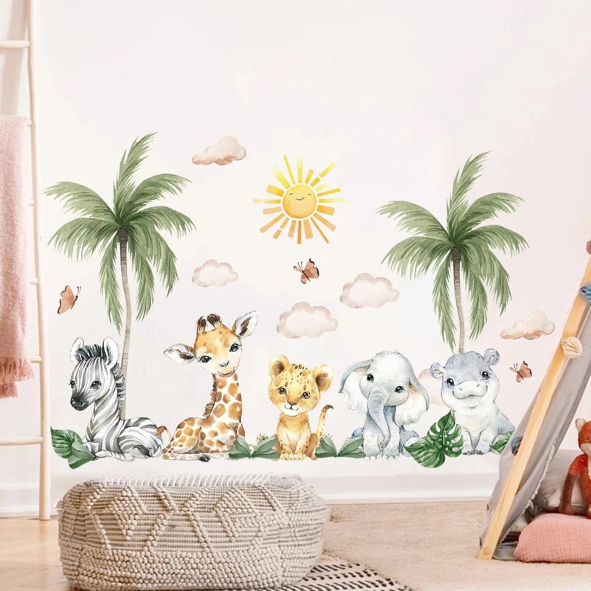 Kids’ Wall Stickers – Cartoon African Grassland Animal Decals for Nursery, Bedroom & Living Room
