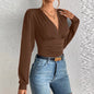 Women's Sexy Deep V Neck Long Sleeve Solid Blouse Slim Elegant