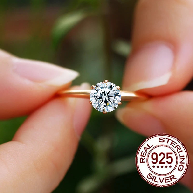925 Sterling Silver Shiny Round Cubic Zircon Gold Color Ring for Women Bridal Engagement Wedding Band Jewelry Gift SR053
