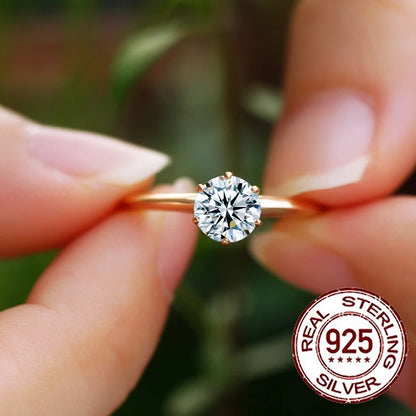 925 Sterling Silver Shiny Round Cubic Zircon Gold Color Ring for Women Bridal Engagement Wedding Band Jewelry Gift SR053