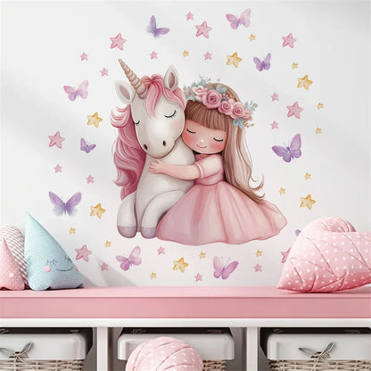 Cartoon Girl Unicorn Vinyl Child Wall Stickers for Baby Room Decoration Bedroom Accessories Furniture Decals Wall Art Room Decor