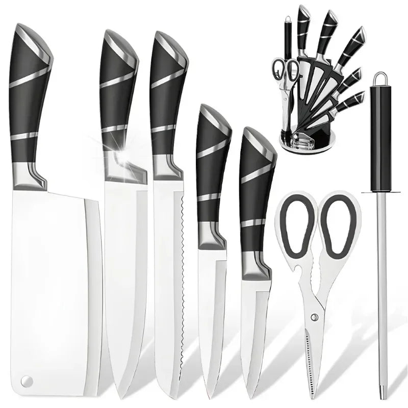 9‑Piece Stainless Steel Kitchen Knife Set – Sharp Non‑Stick Coated Chef Knives with Sharpener