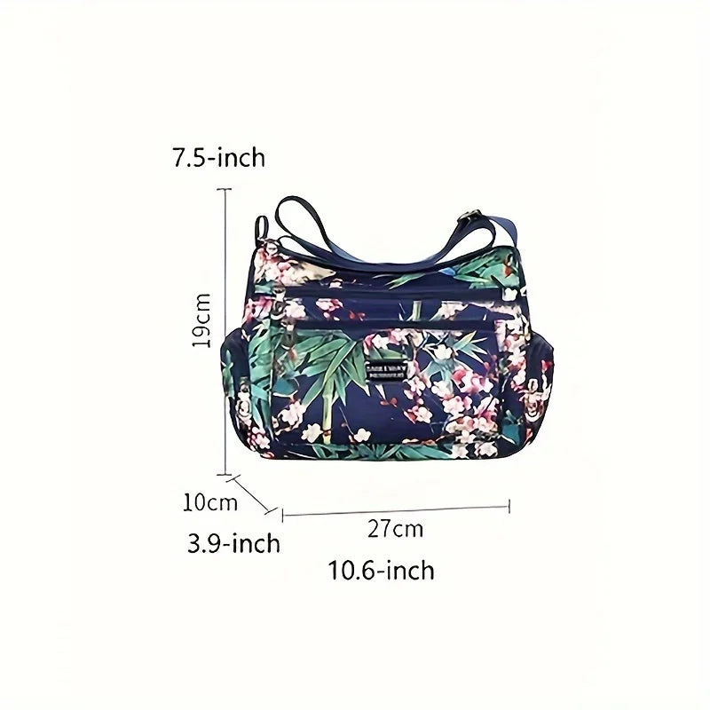 Floral Print Crossbody Bag, Trendy Nylon Shoulder Bag, Women's Multi Layer Messenger Bag For Travel