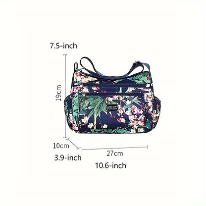 Floral Print Crossbody Bag, Trendy Nylon Shoulder Bag, Women's Multi Layer Messenger Bag For Travel